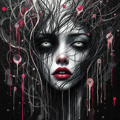 The primary subject of the image is a woman with a striking appearance. She has a black and white face, red lips, and a black and white hair style. The setting is a dark background, which adds to the overall mood of the image. The visual style is a combination of digital art and illustration, creating a unique and intriguing portrait. The colors and mood of the image are predominantly black and white, with a hint of red from the lips, giving it a dramatic and mysterious atmosphere.